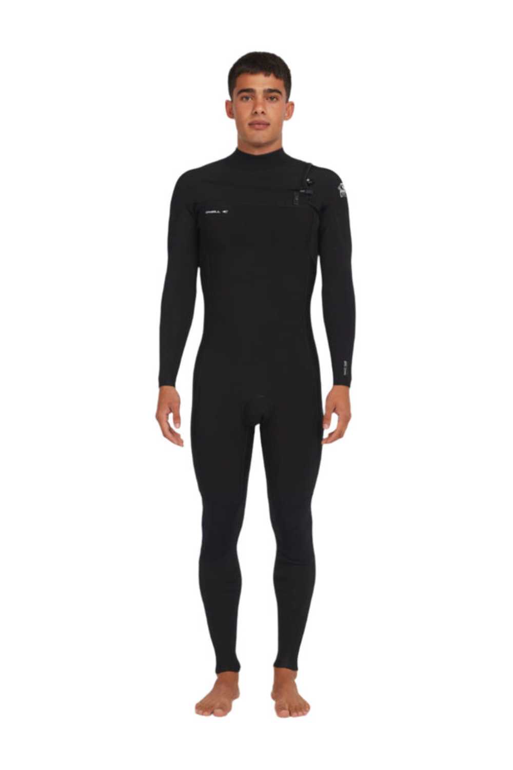 Man wearing an O'Neill wetsuit with chest ip in black