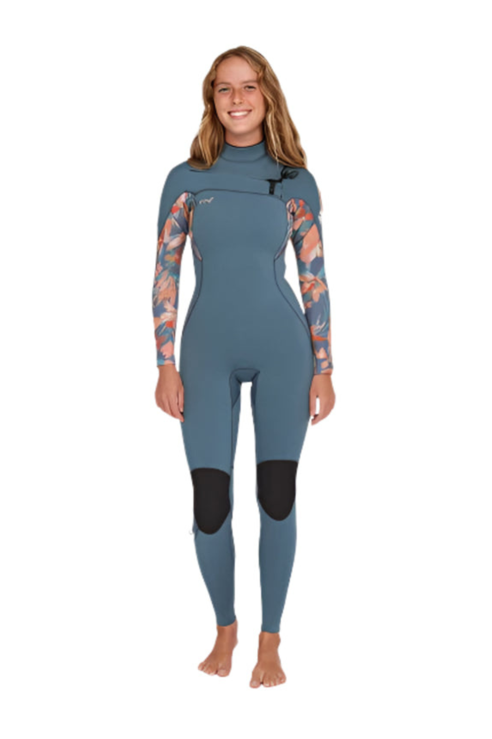 Person wearing an O'Neill wetsuit with a chest zip in blue with colourful sleeves on a white background