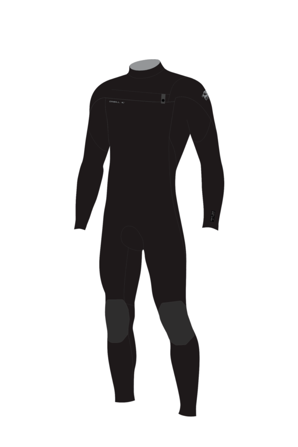 Black wetsuit with an O'Neill logo on the chest