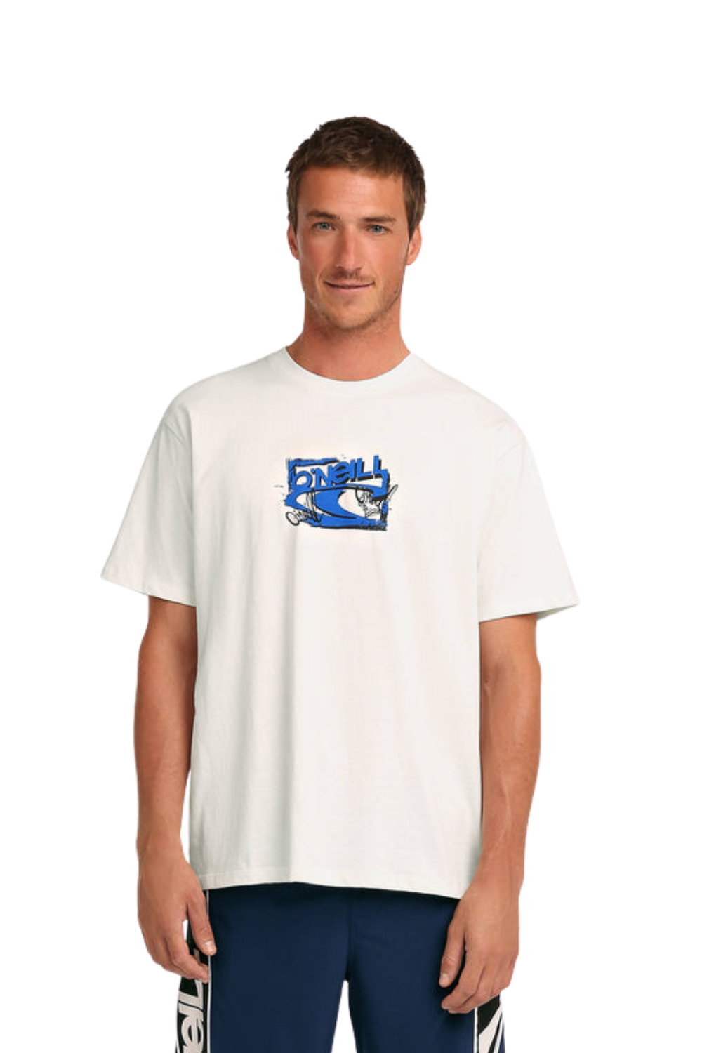 Man wearing a white t-shirt with a blue graphic design on a white background