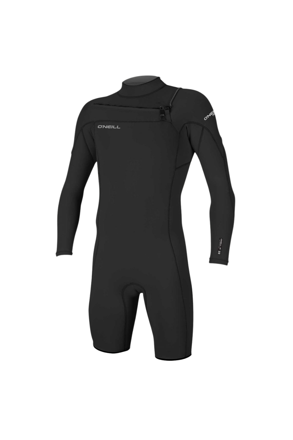 A black O'Neill full-body wetsuit with a high collar and a front zipper, displayed on a clean white background.