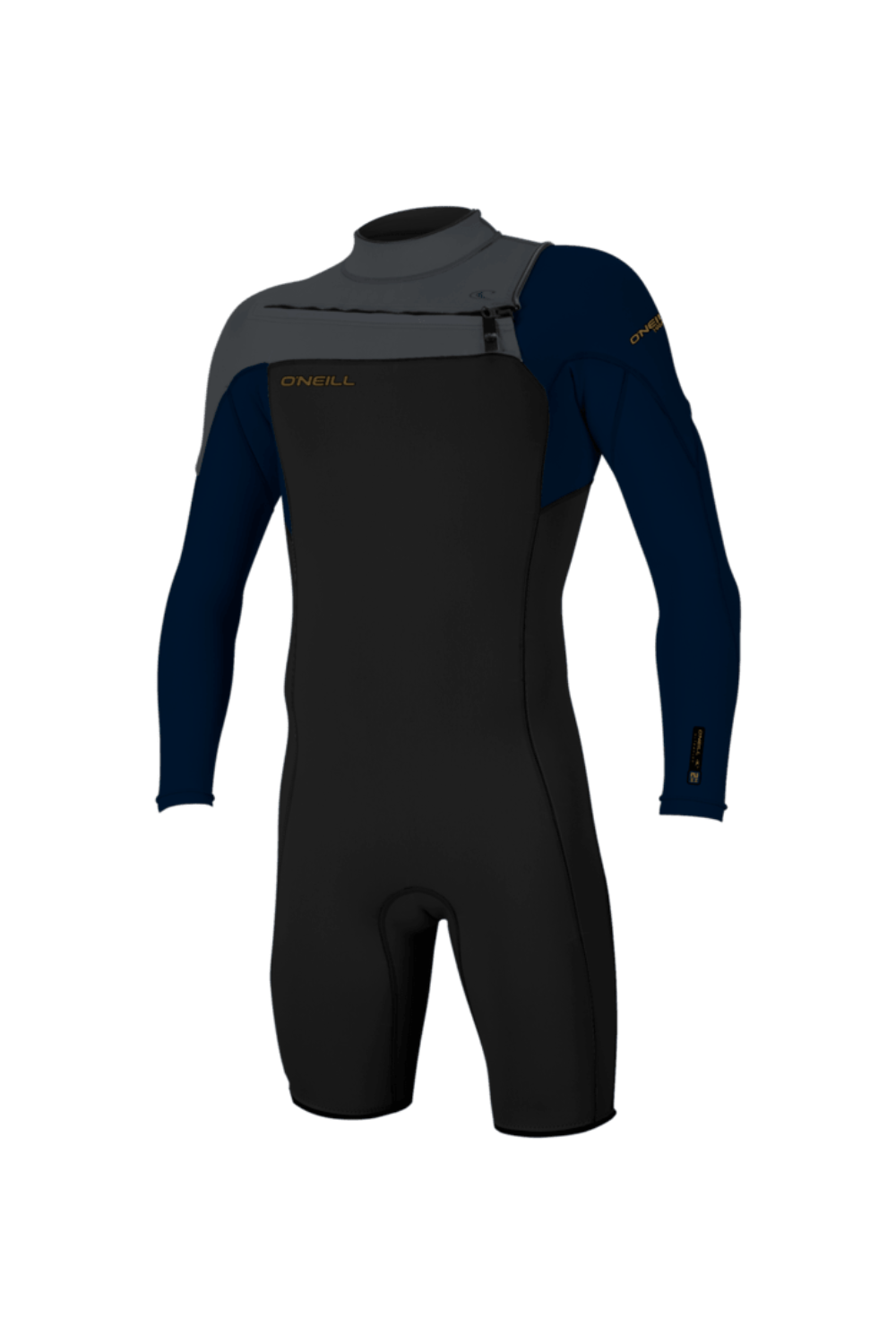 Black, grey and navy shorty wetsuit on a white background