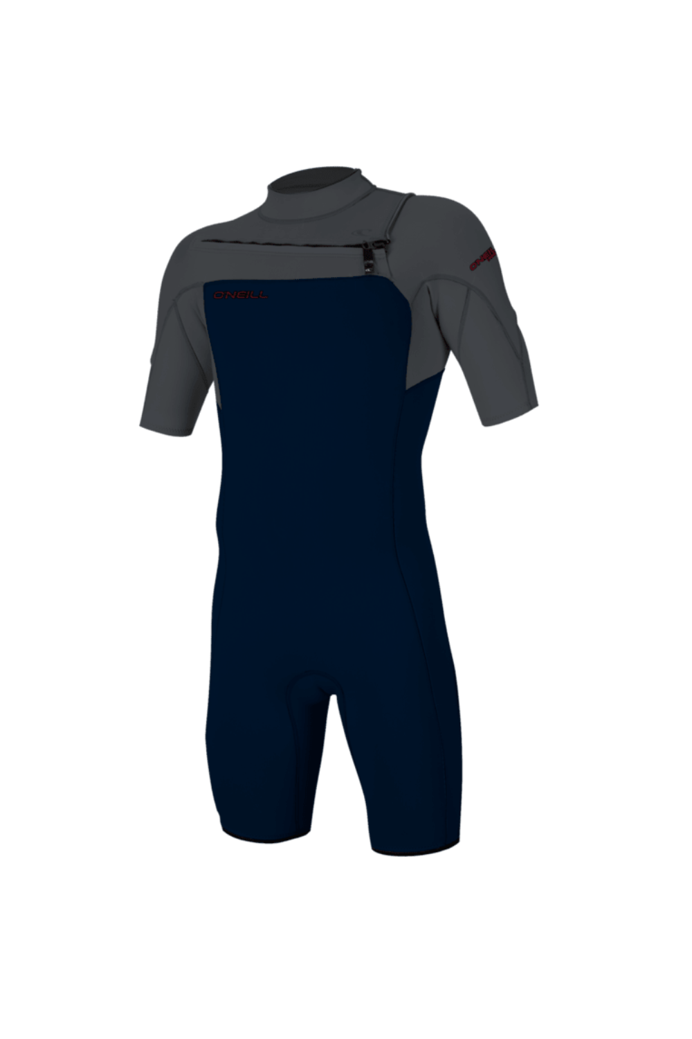 A short-sleeve wetsuit in navy blue and dark gray, featuring a high collar and a zipper at the neck, shown against a plain white background.