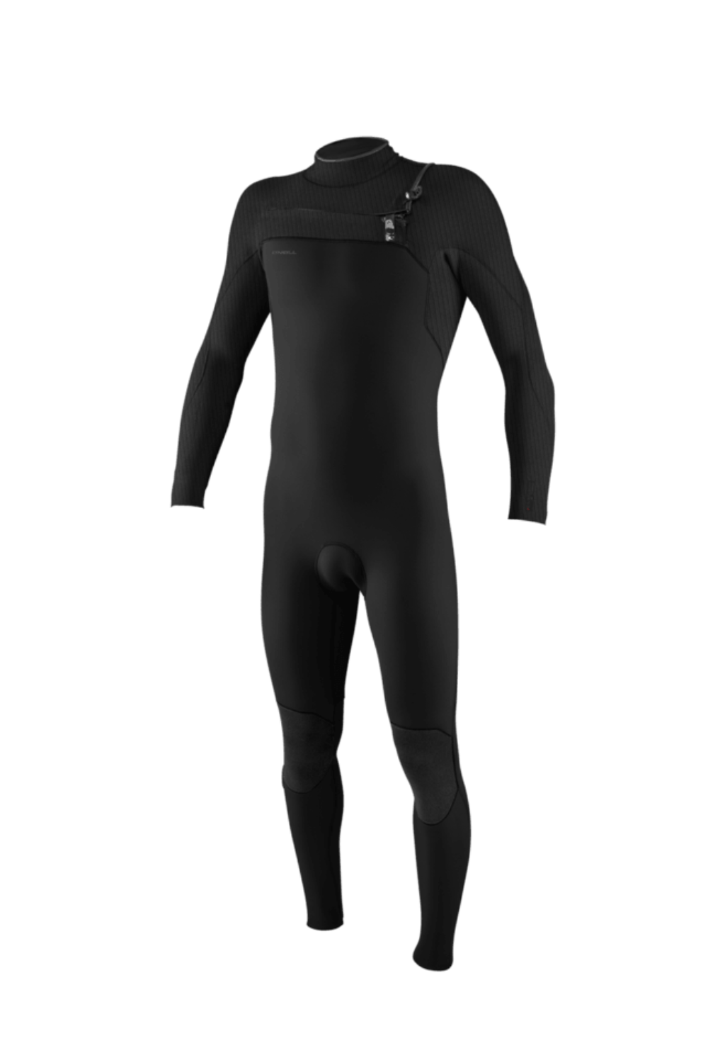 Black O'Neill wetsuit with chest zip on a white background