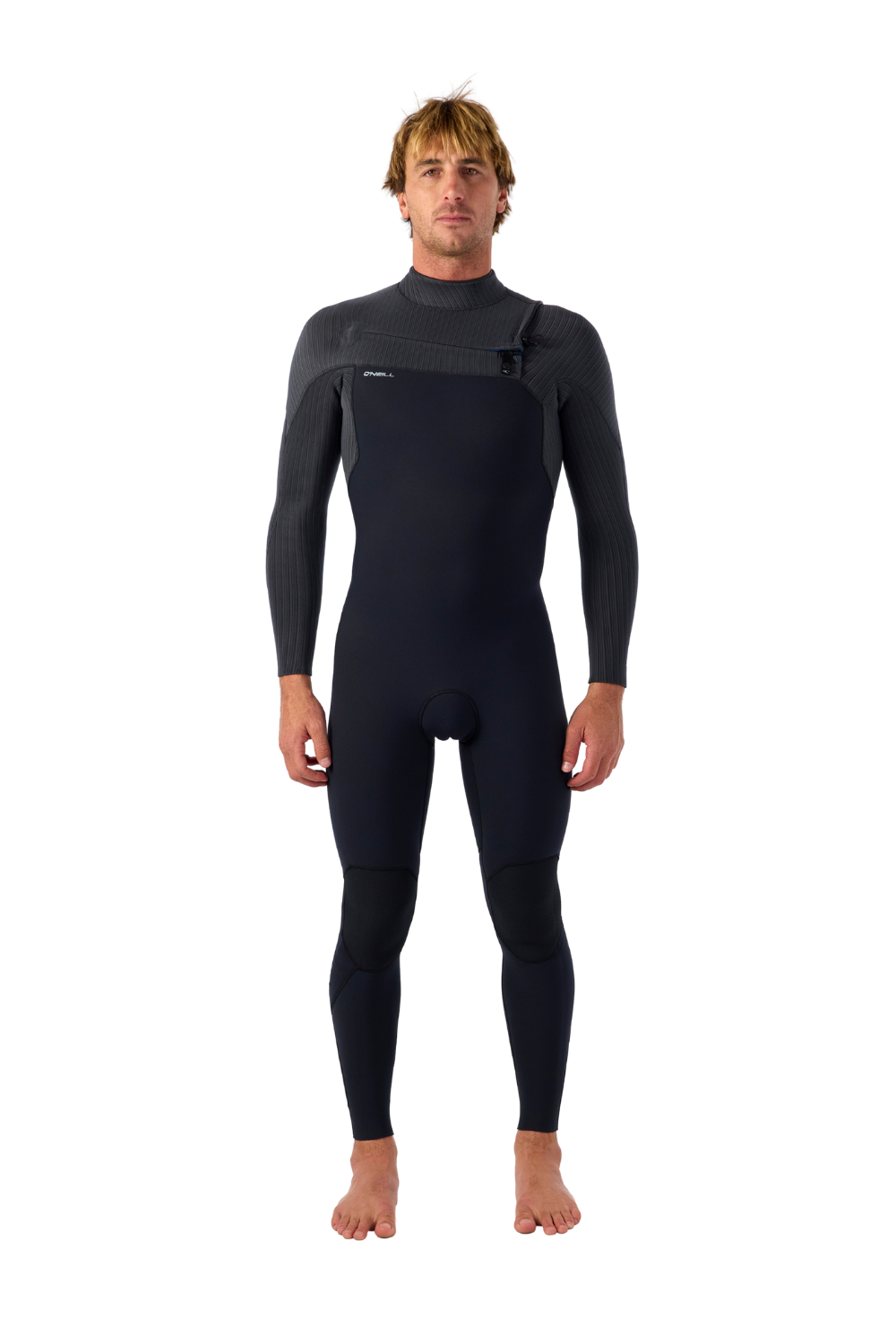 Man wearing an O'Neill wetsuit with chest zip in black and greyon a white background