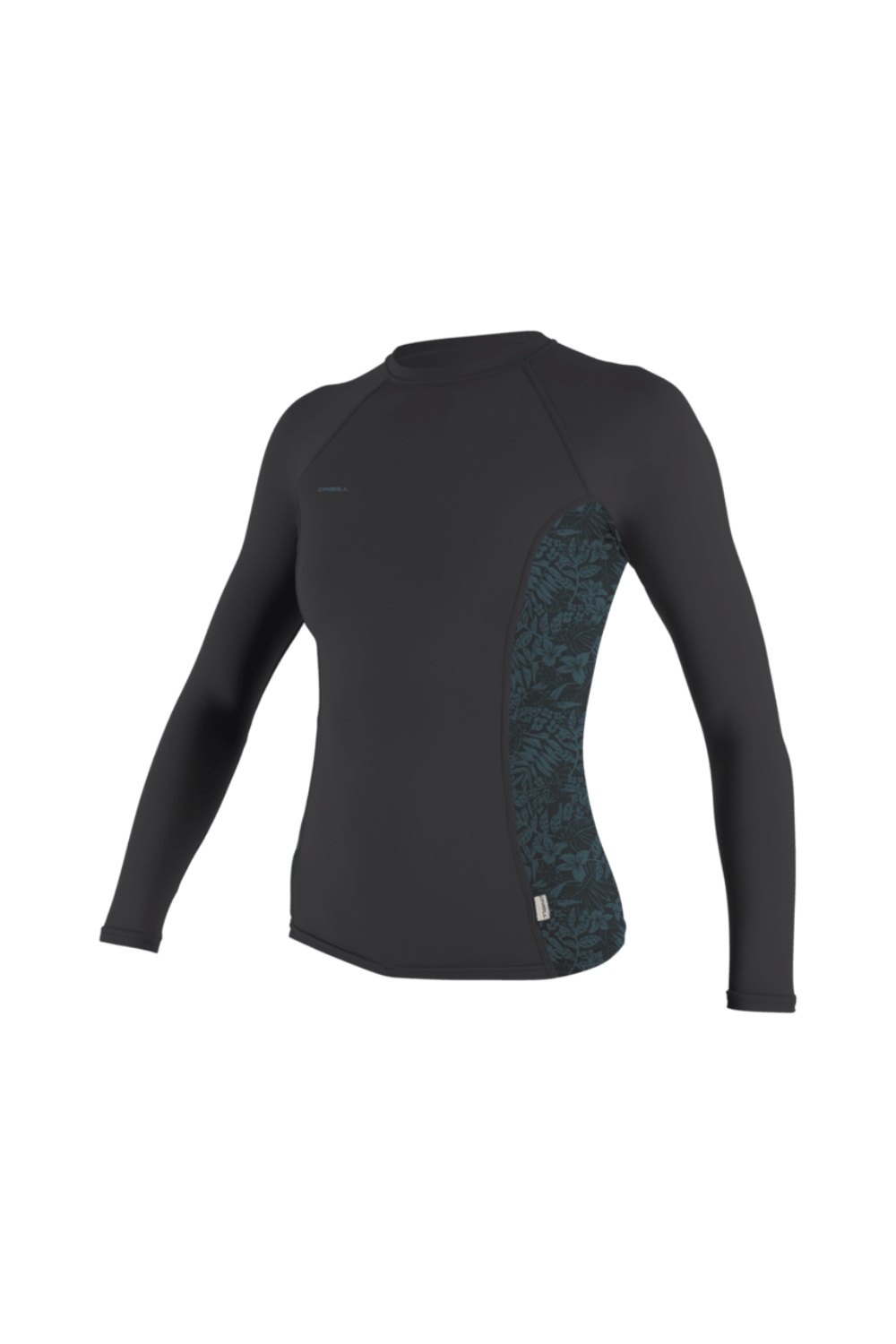 Black long-sleeve shirt with teal pattern on a white background