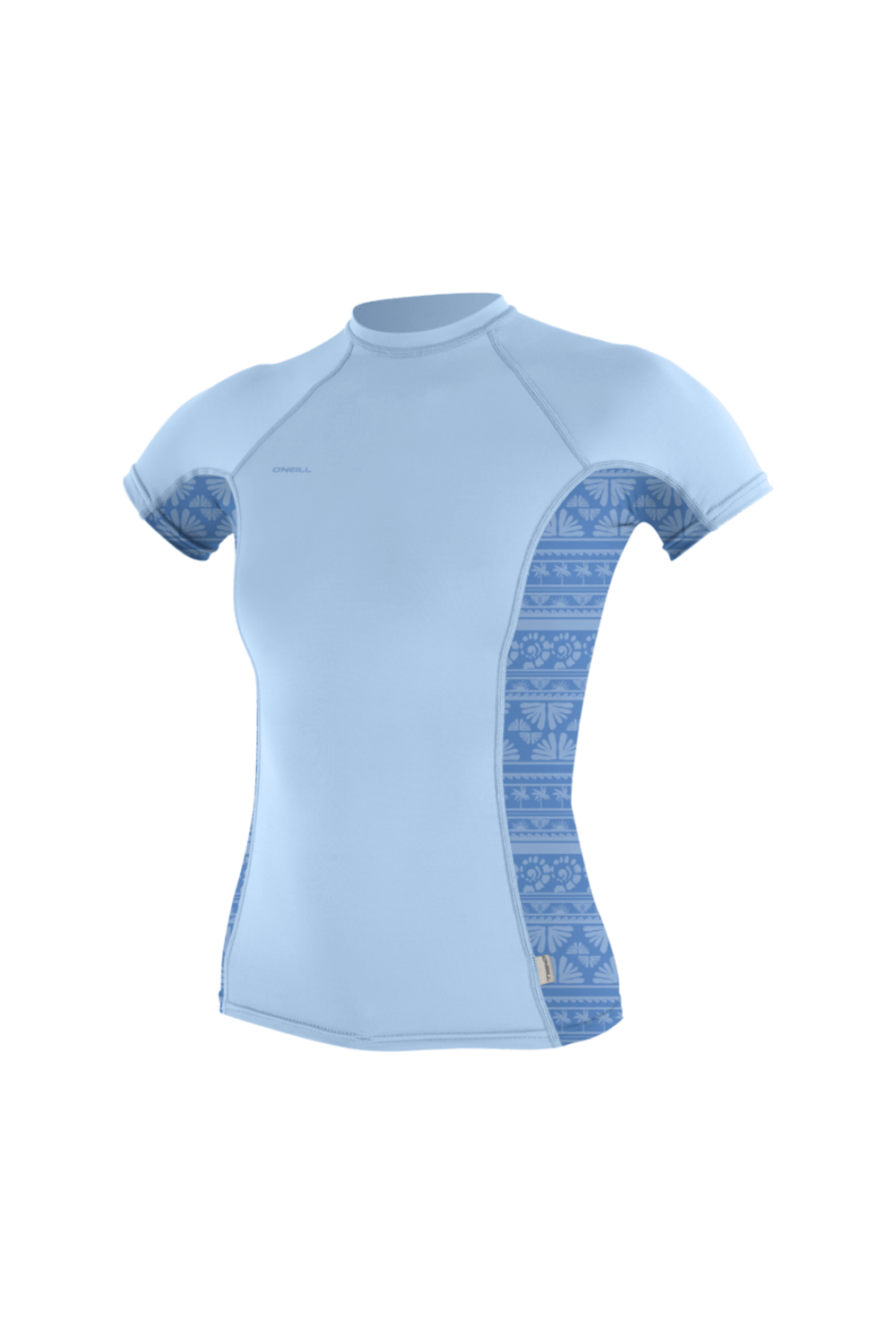 A light blue short-sleeve athletic top with a darker blue geometric patterned panel running down the right side and sleeve, shown on a plain white background.