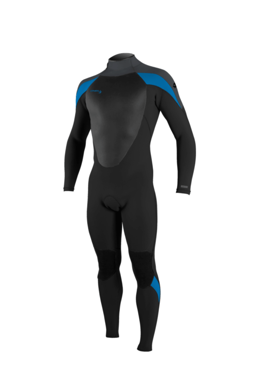 O'Neill wetsuit in black with blue accents on a white background