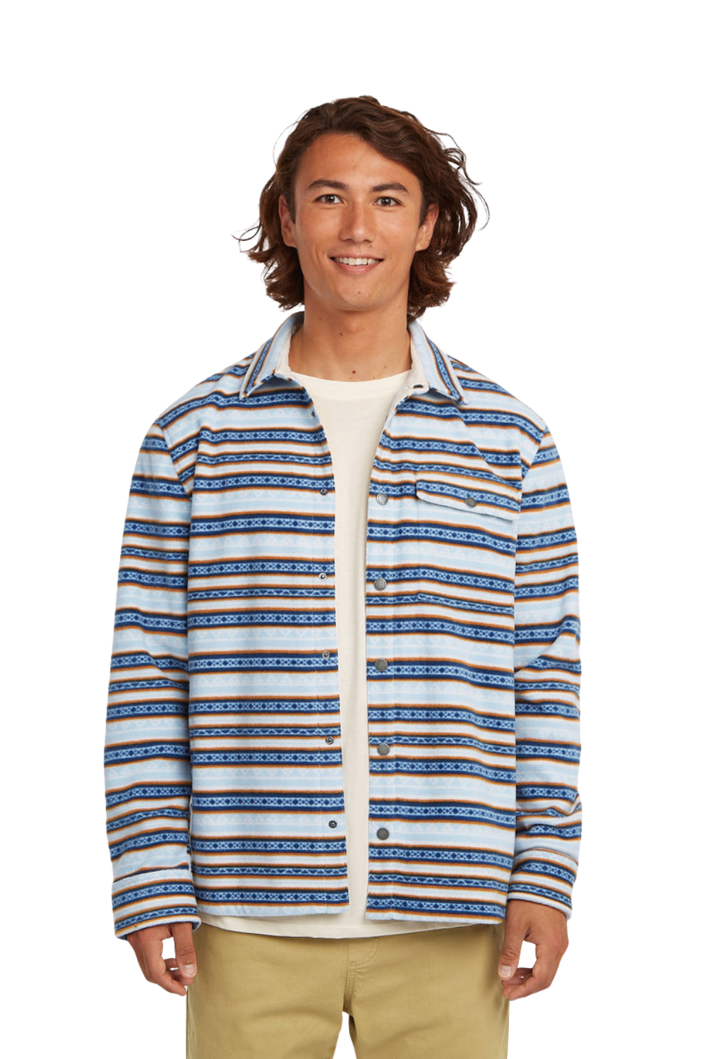 Man wearing a striped shirt with a white background