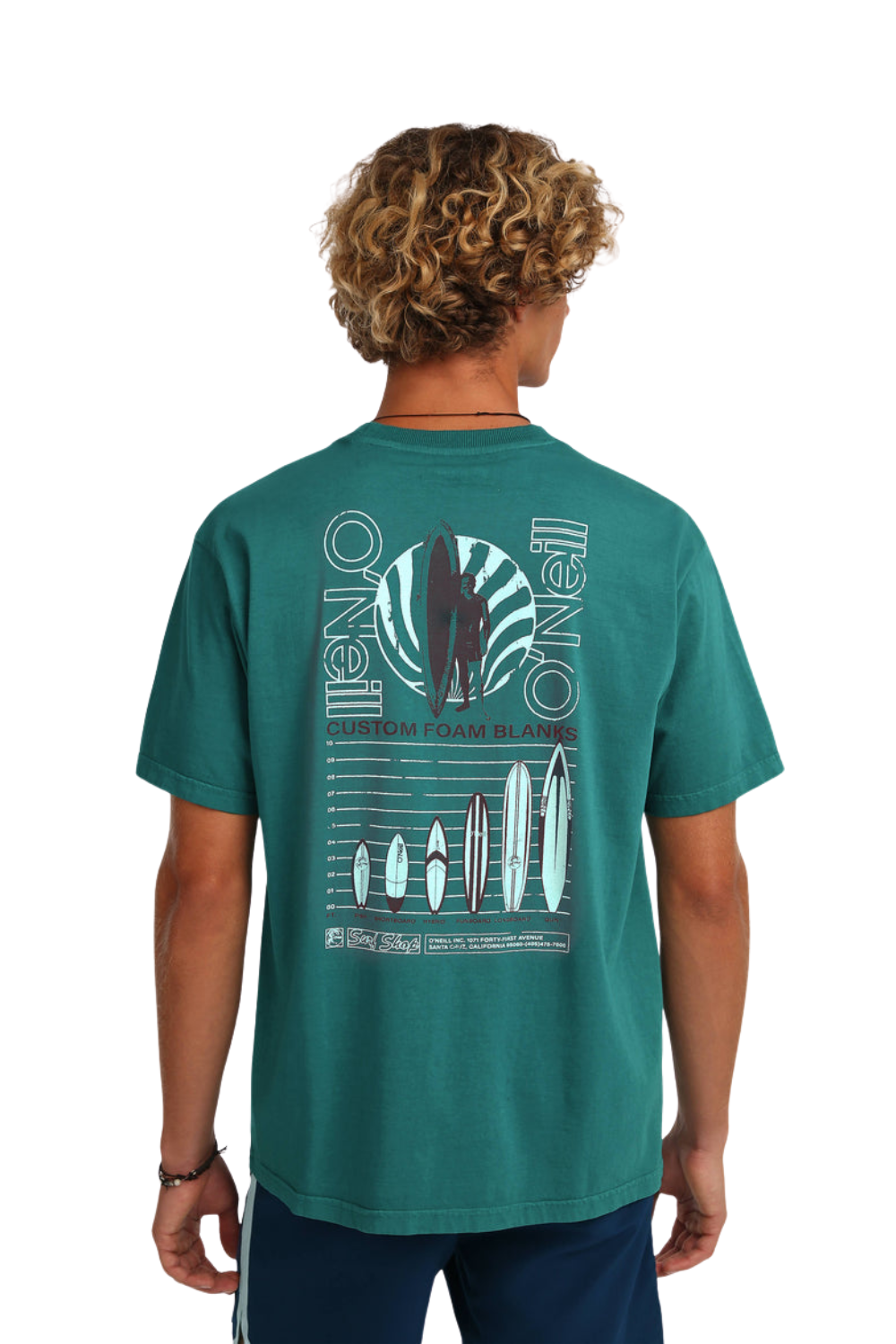 Person wearing a green T-Shirt with a bold printed logo on the back