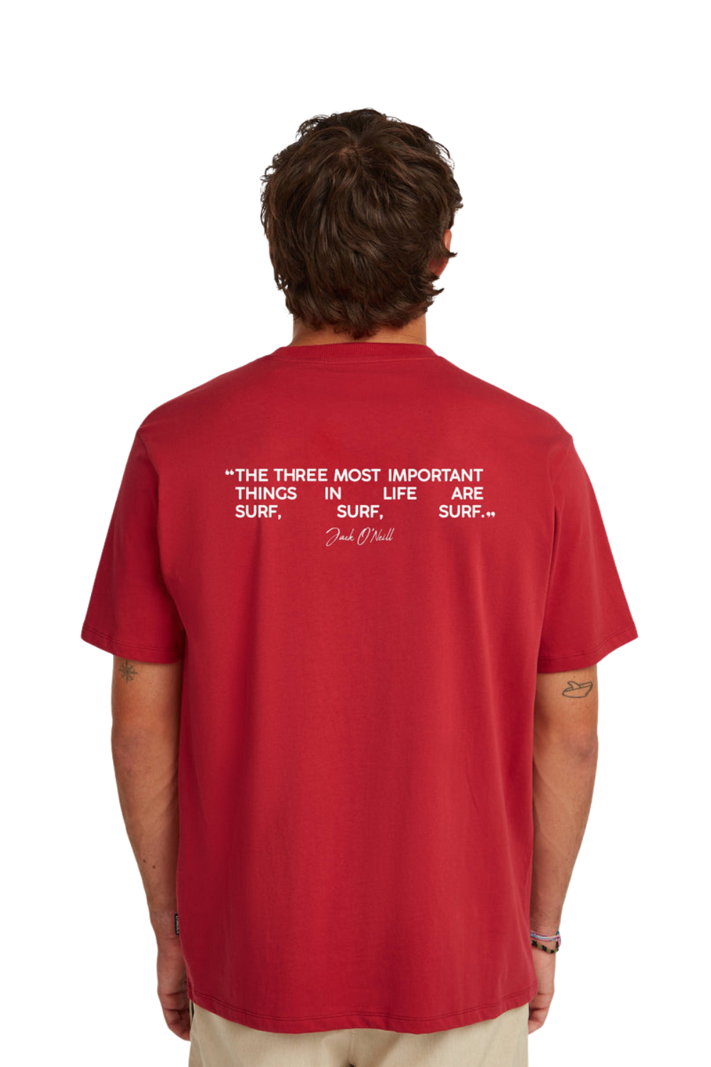 Red t-shirt with white text on the back worn by a person, on a white background
