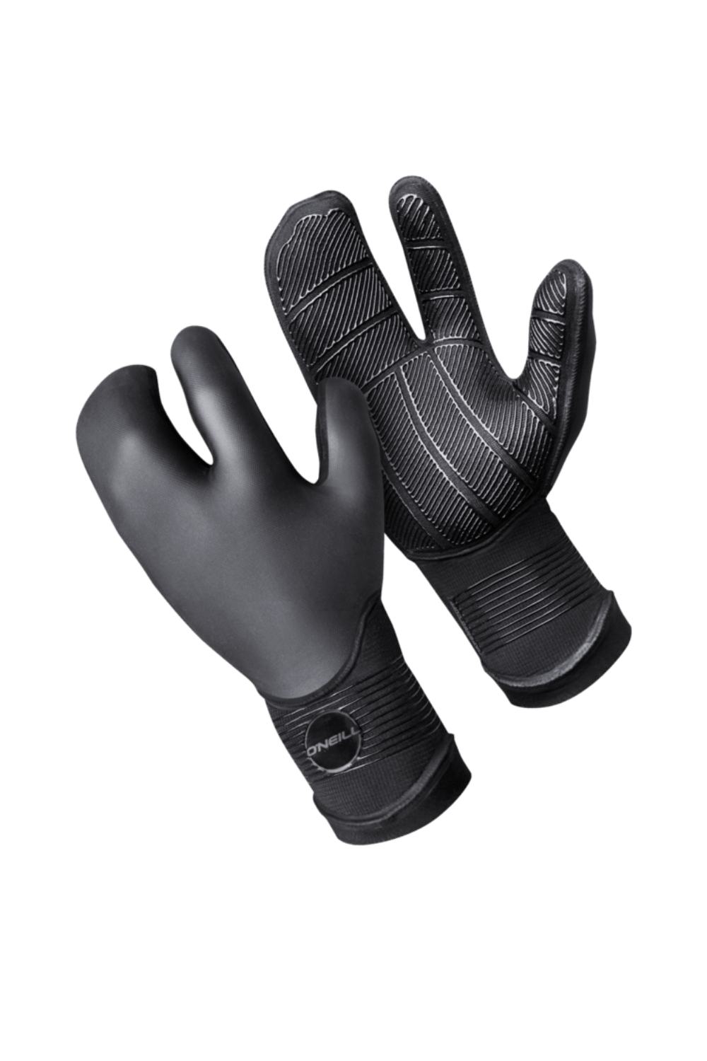 A pair of black O'Neill wetsuit lobster gloves, one showing the smooth glove side and the other showing the textured, patterned back, set against a plain white background.