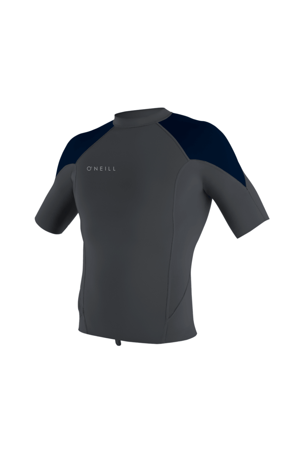 A short-sleeve wetsuit top by O'Neill in dark gray with navy blue shoulder panels, shown against a plain white background.