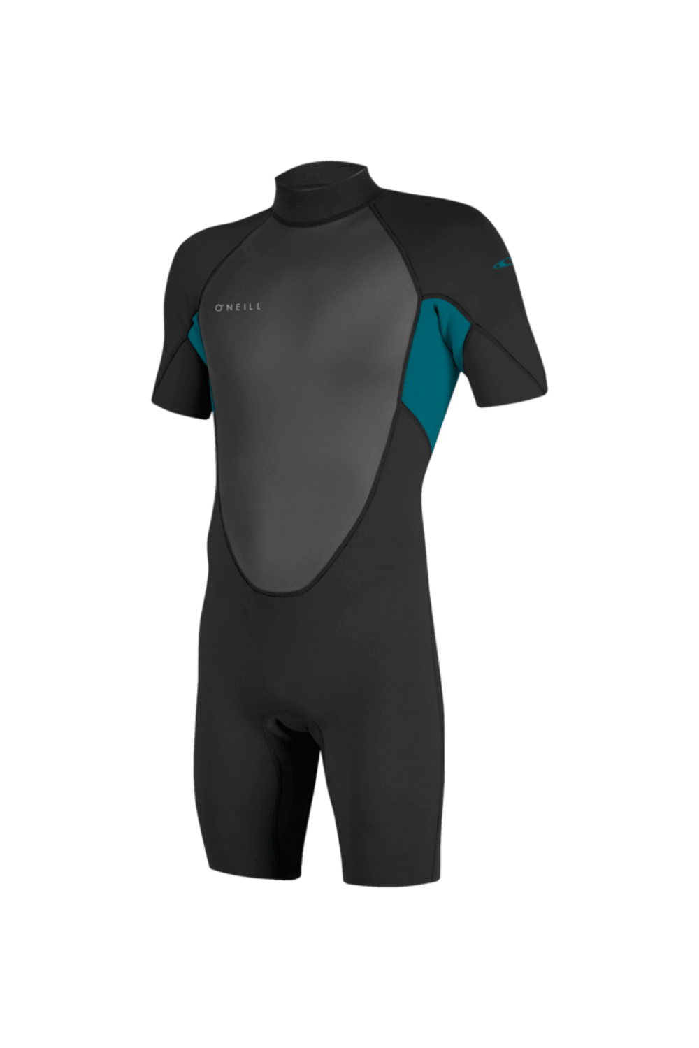 Black and teal shorty wetsuit on a white background