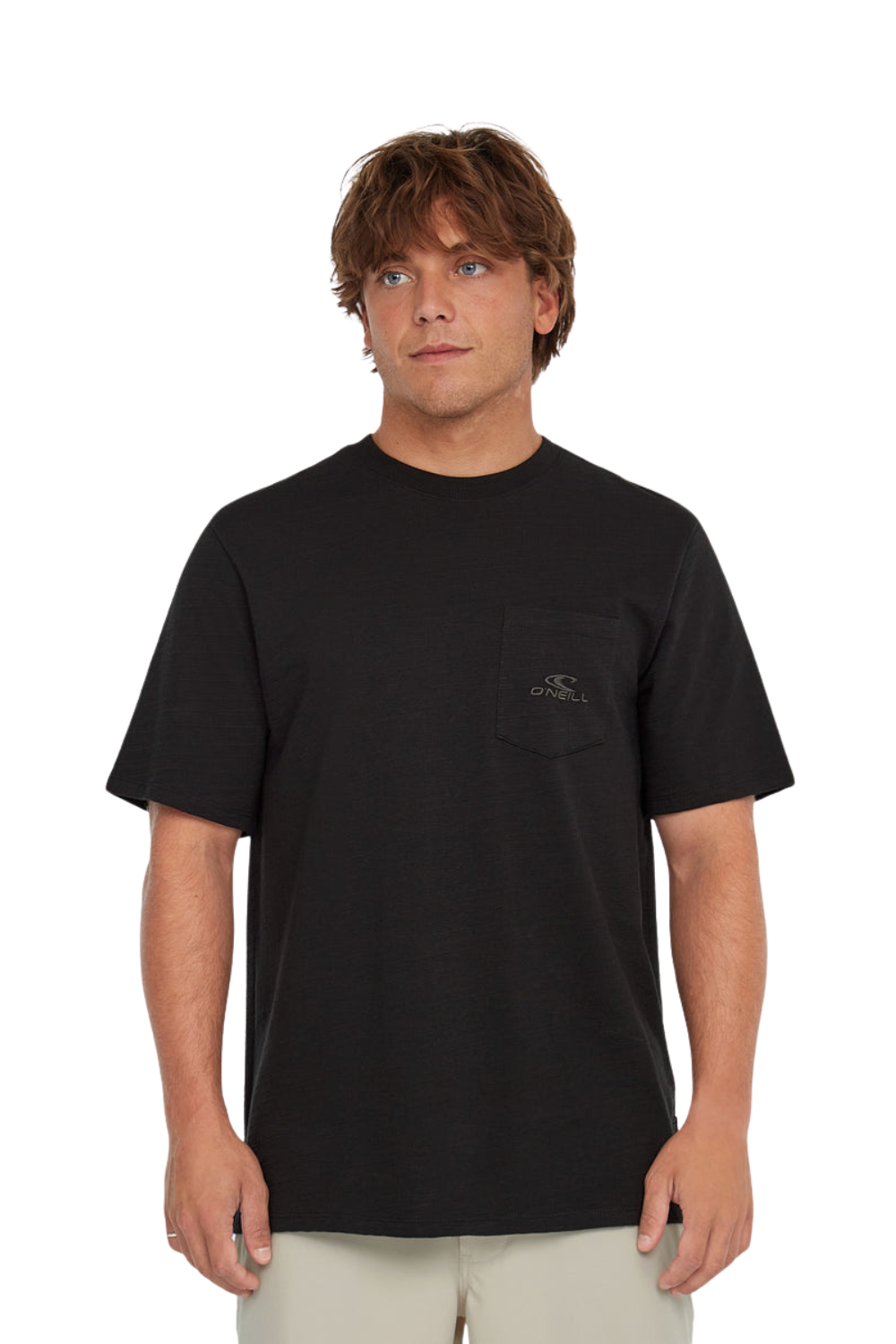 Person wearing a black T-shirt with chest pocket with small logo