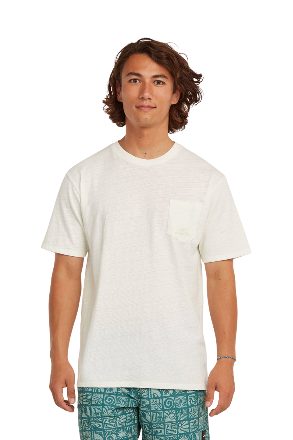 Person wearing a white t-shirt with chest pocket