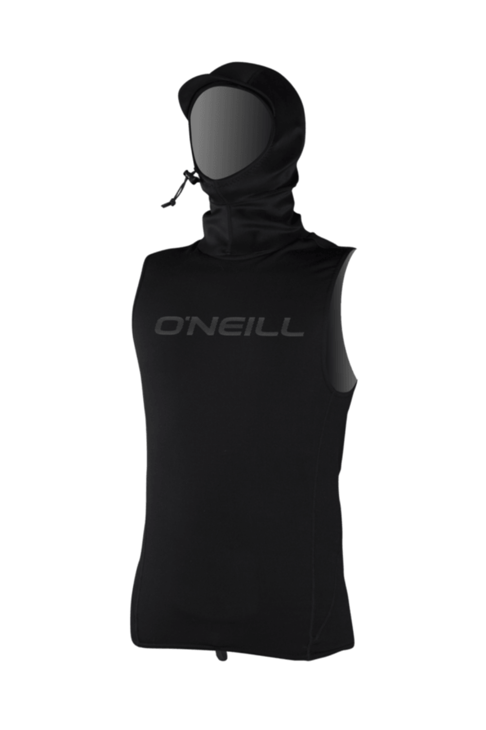 A black sleeveless hooded wetsuit top with a high neck and drawstring hood, featuring the 'O'Neill' brand name printed in gray across the chest, shown on a plain white background.
