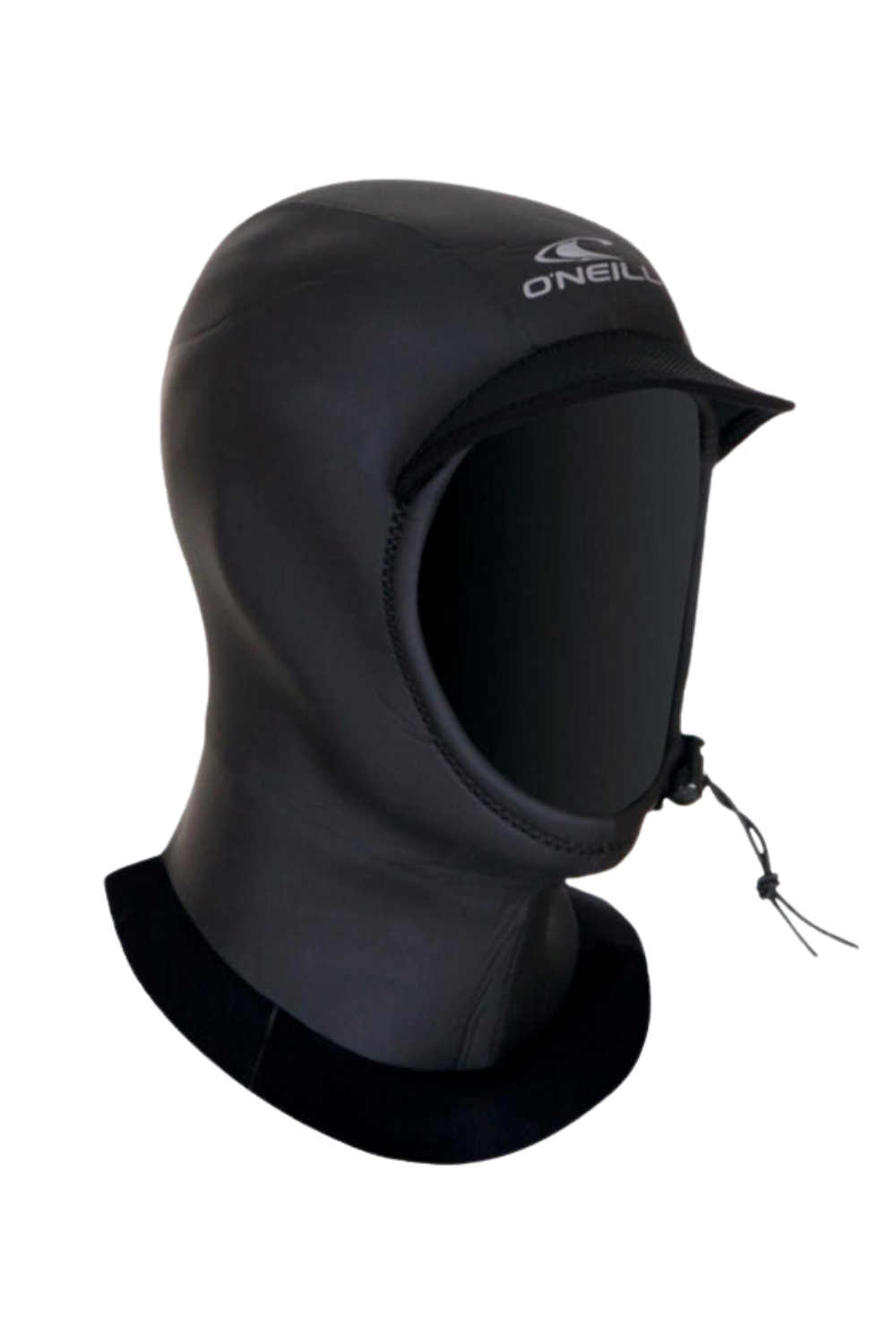 Black wetsuit hood with Oneill logo on a white background