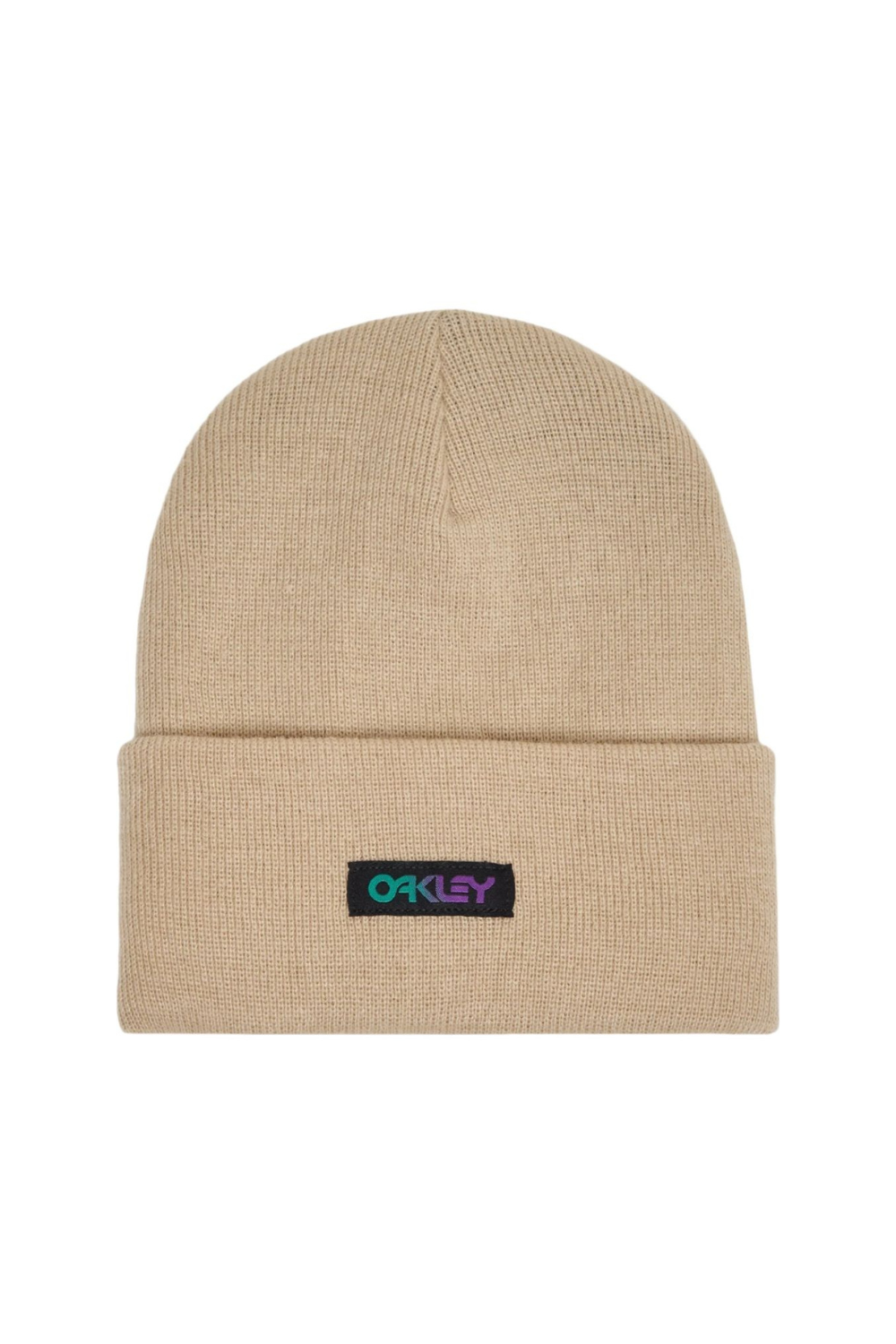 Beige beanie with a logo on a white background