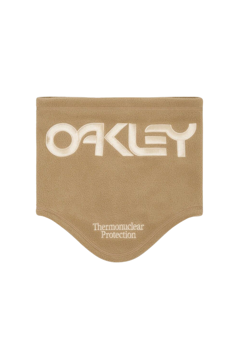 Beige neck warmer with a white Oakley logo