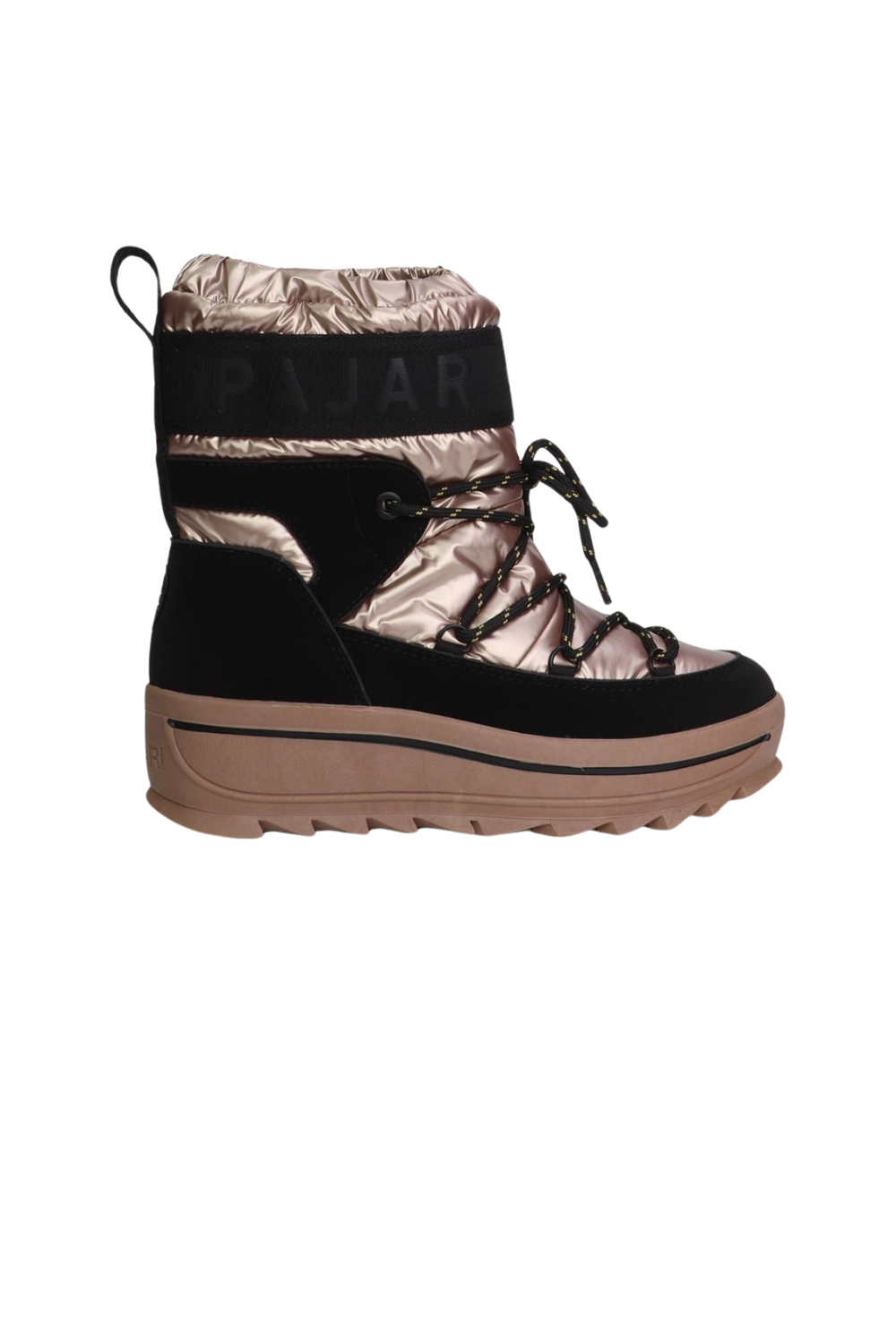 A single mid-calf winter boot with a metallic rose gold upper, black suede-like panels, black laces, a black elastic band with 'PAJAR' text, and a tan platform sole, shown against a plain white background.