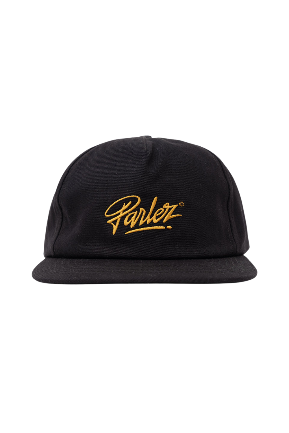 A black flat-brim baseball cap with 'Parlez' embroidered in gold cursive script on the front, shown against a plain white background.