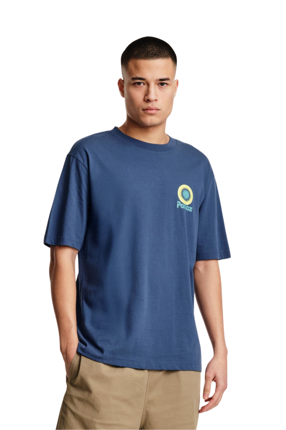 A person wearing a blue T-shirt with Parlez logo in light blue and graphic sun print yellow on the front and back