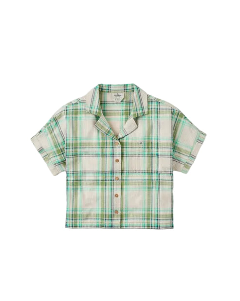 A short-sleeved checkered shirt in vintage white and stem green on a plain background, with a collar, chest patch pocket, and natural buttons.