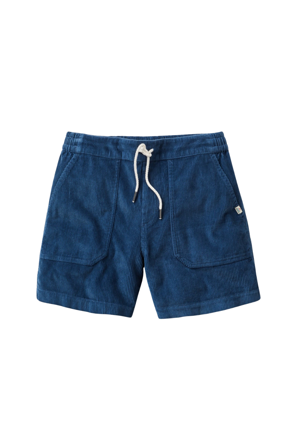 Blue corduroy shorts with a drawstring on a white background