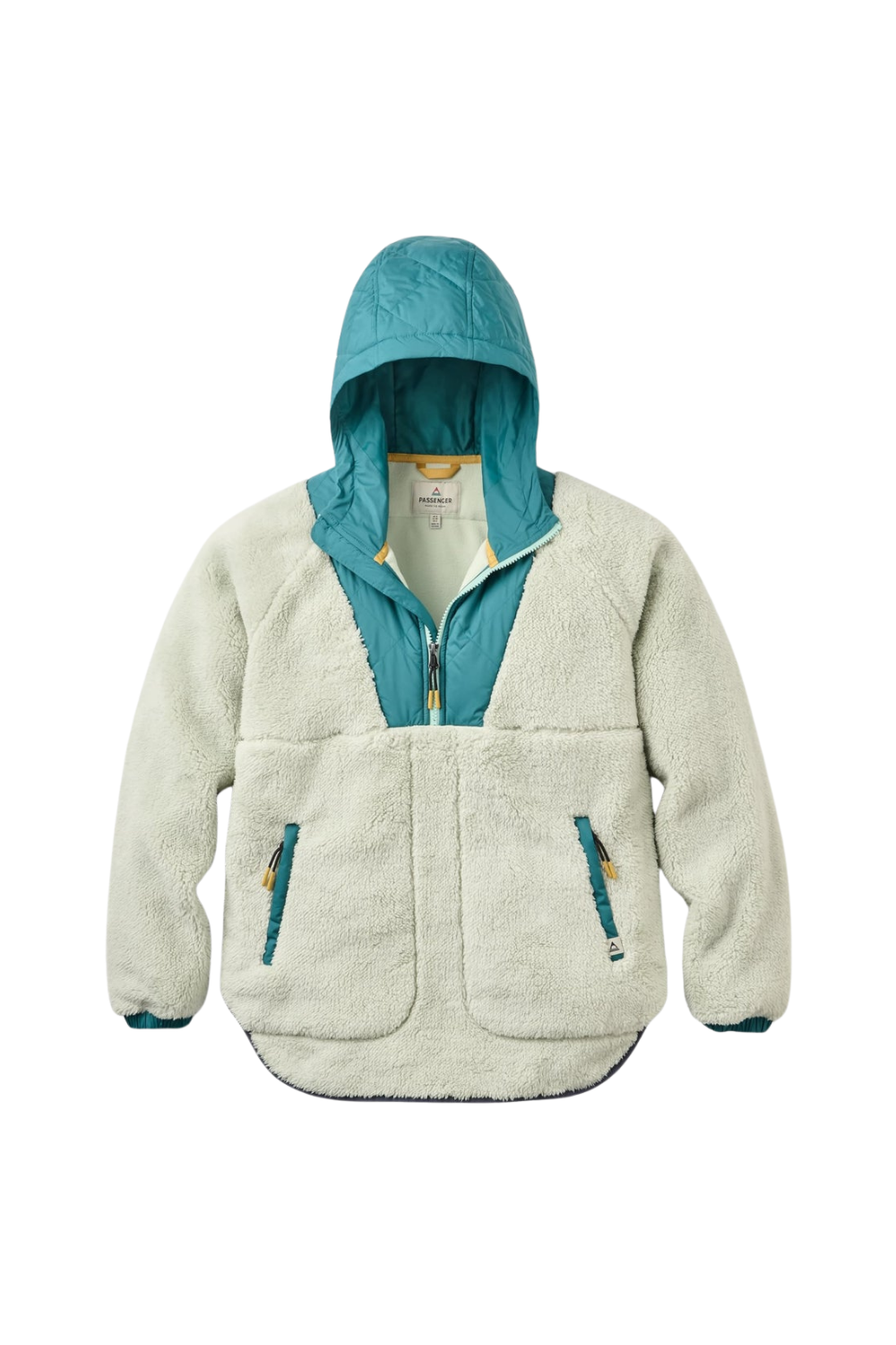 A hooded half zip fleece pullover jacket with a cream-colored sherpa body and teal accents on the hood, collar, zipper, and zippered pockets, shown against a plain white background.