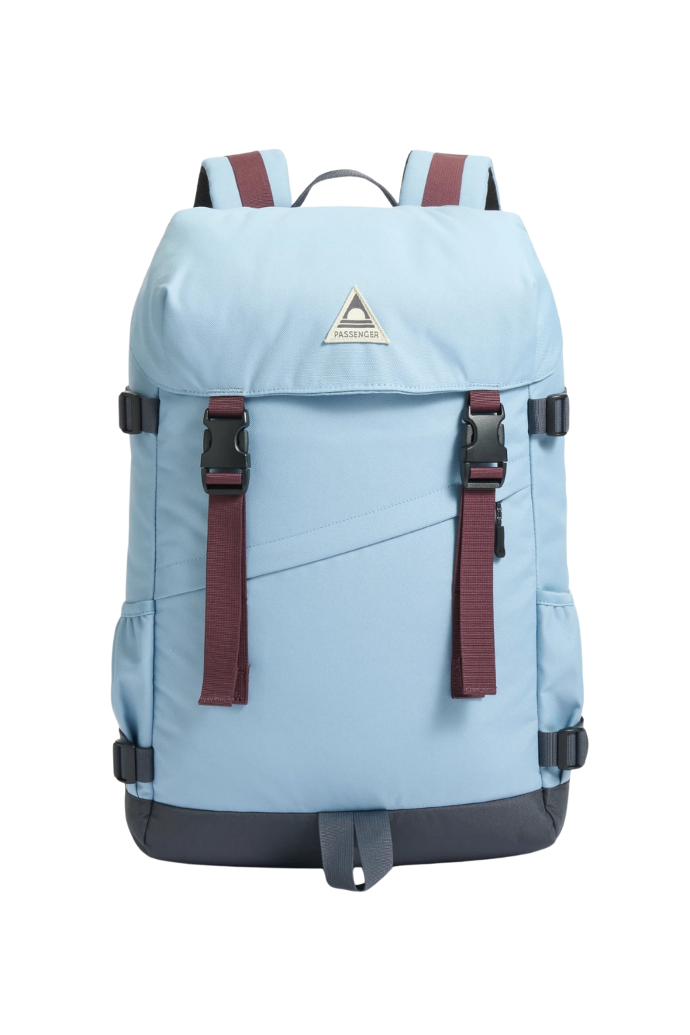 A light blue backpack with dark brown straps and a dark gray bottom base, featuring a small triangular metal logo plaque on the front.