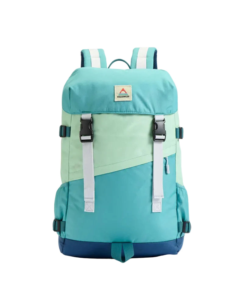 Multicolored backpack with a visible Passenger logo on a light gray background