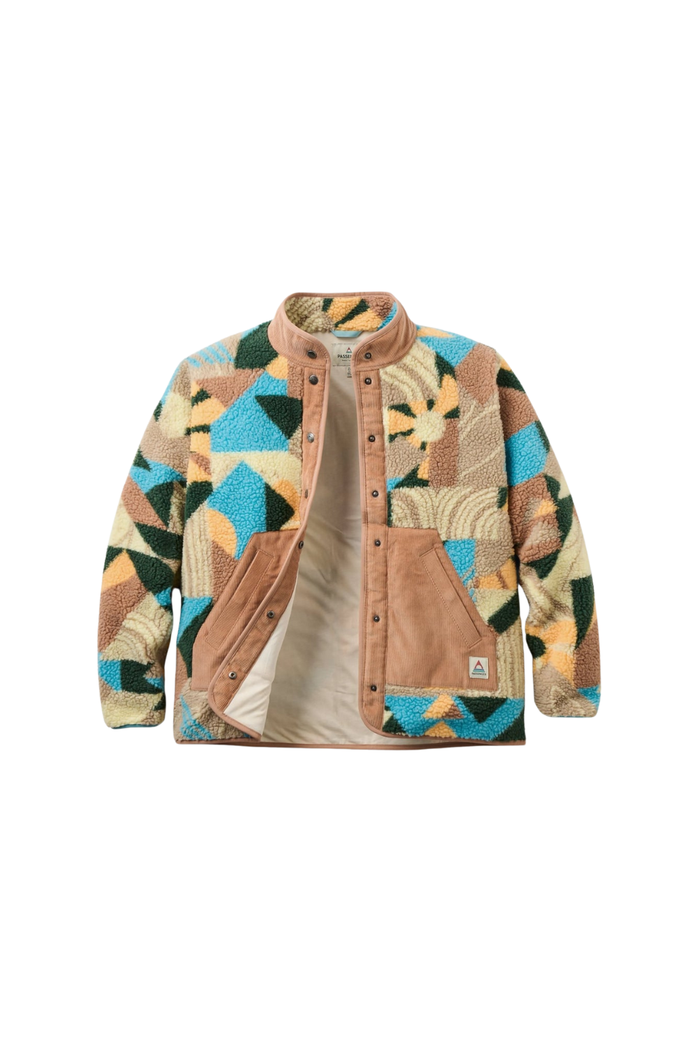 Multicoloured fleece jacket in beige, turquoise and green colours on a white backgroud.