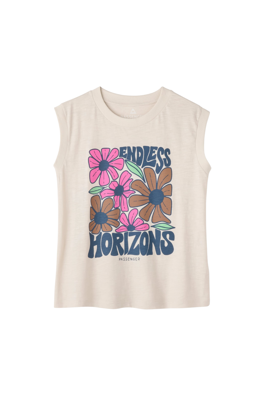Off white tank top with a retro floral print on the front.