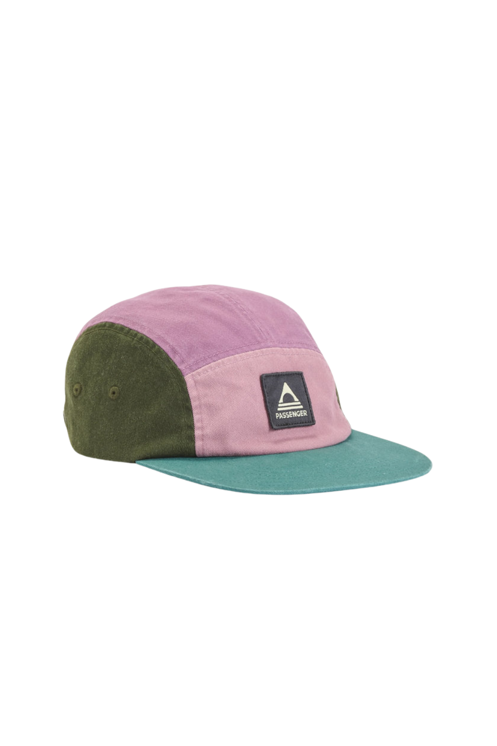 A 5-panel camp cap by Marmot, featuring a dusty pink front panel and bill, olive green side panels, and a teal crown, with a black brand patch on the front.
