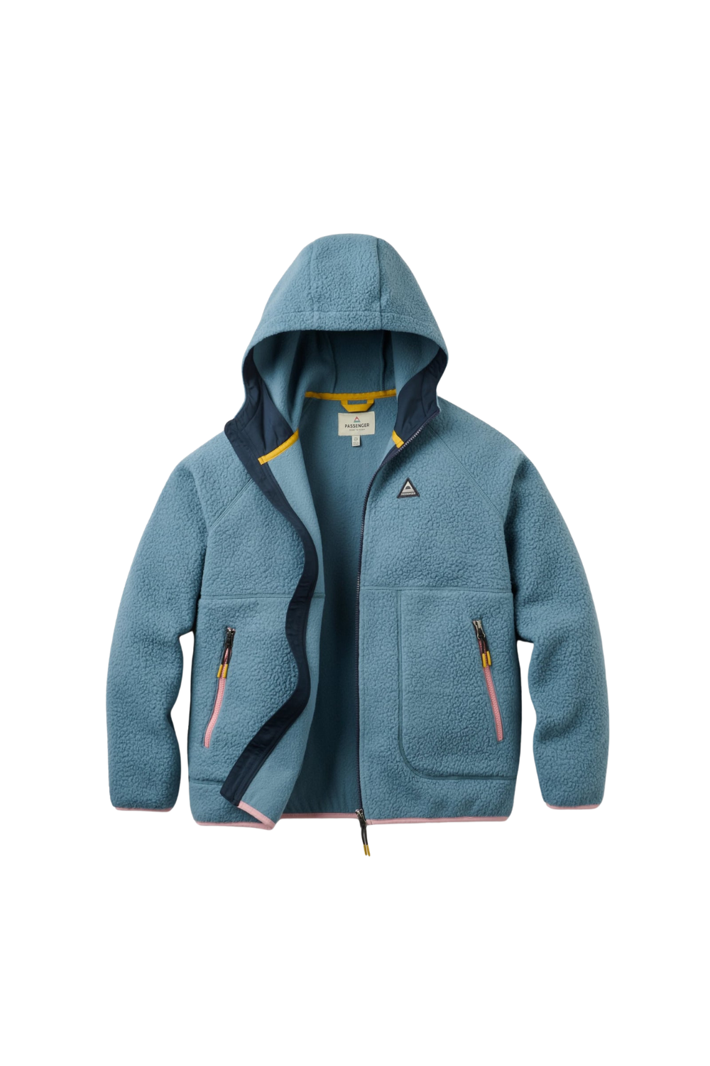 A woman's fleece hooded jacket in dusty blue, featuring dark navy trim along the zipper and pocket edges, with small pink zipper pulls and a small embroidered Passenger triangle logo on the chest.