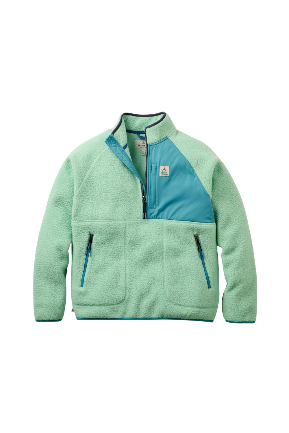 Fleece pullover with 1/2 zip in a light green and turquoise details on a white background.