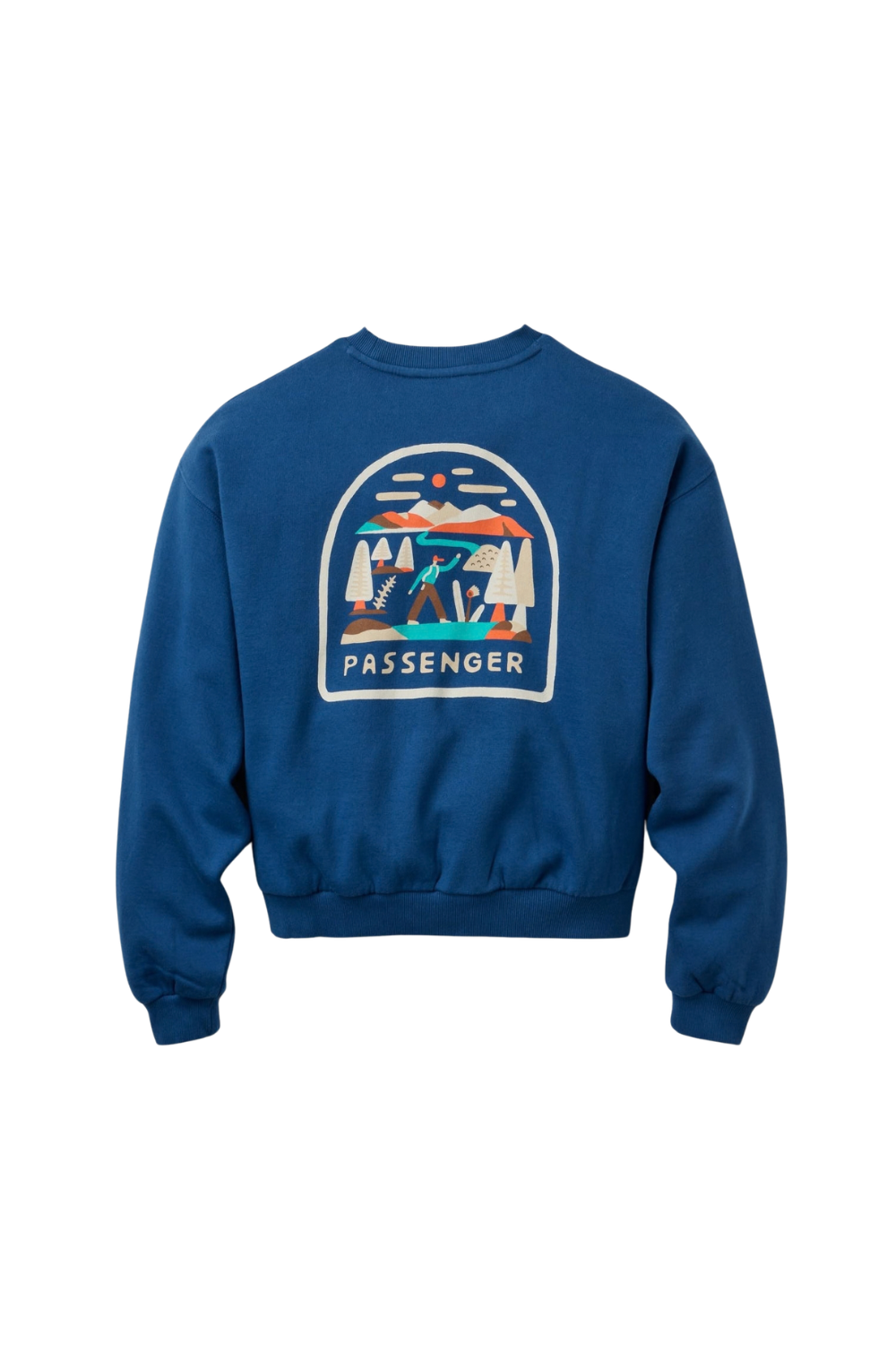 A navy sweatshirt with a bold and colourful Passenger back print shown on a white background.