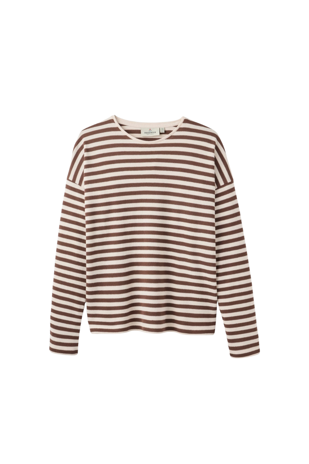 A long-sleeve knit top with horizontal brown and cream stripes, displayed flat against a solid white background.