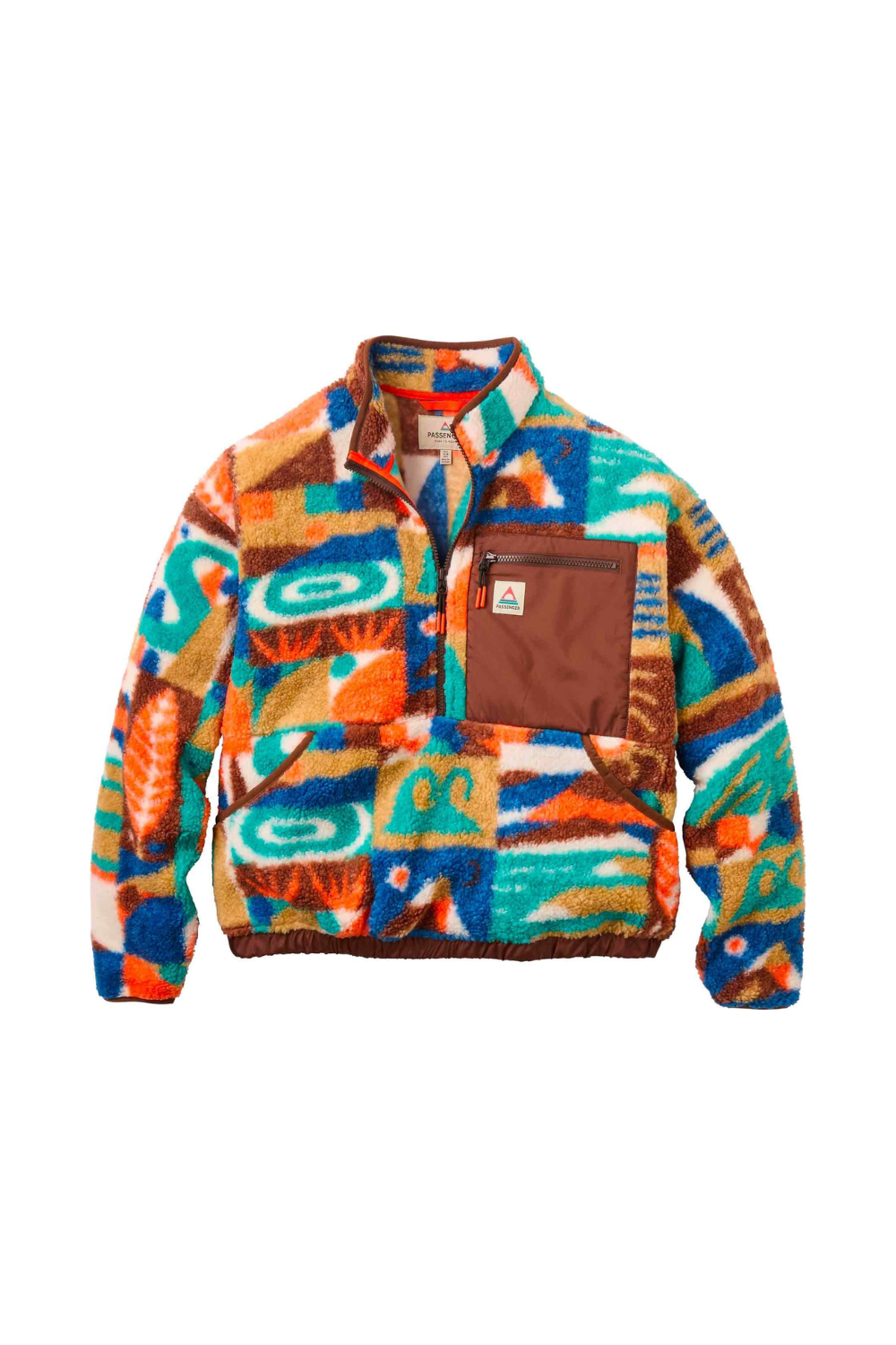 A fleece pullover jacket featuring a vibrant, multicolored geometric and tribal-inspired pattern in orange, teal, brown, and white. It has a quarter-zip front, a brown chest pocket with a small brand tag, and a ribbed collar, cuffs, and hem.