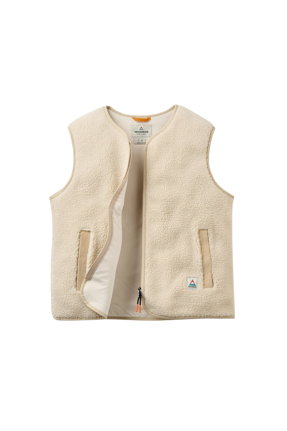 Beige fleece vest with a brand logo on a white background
