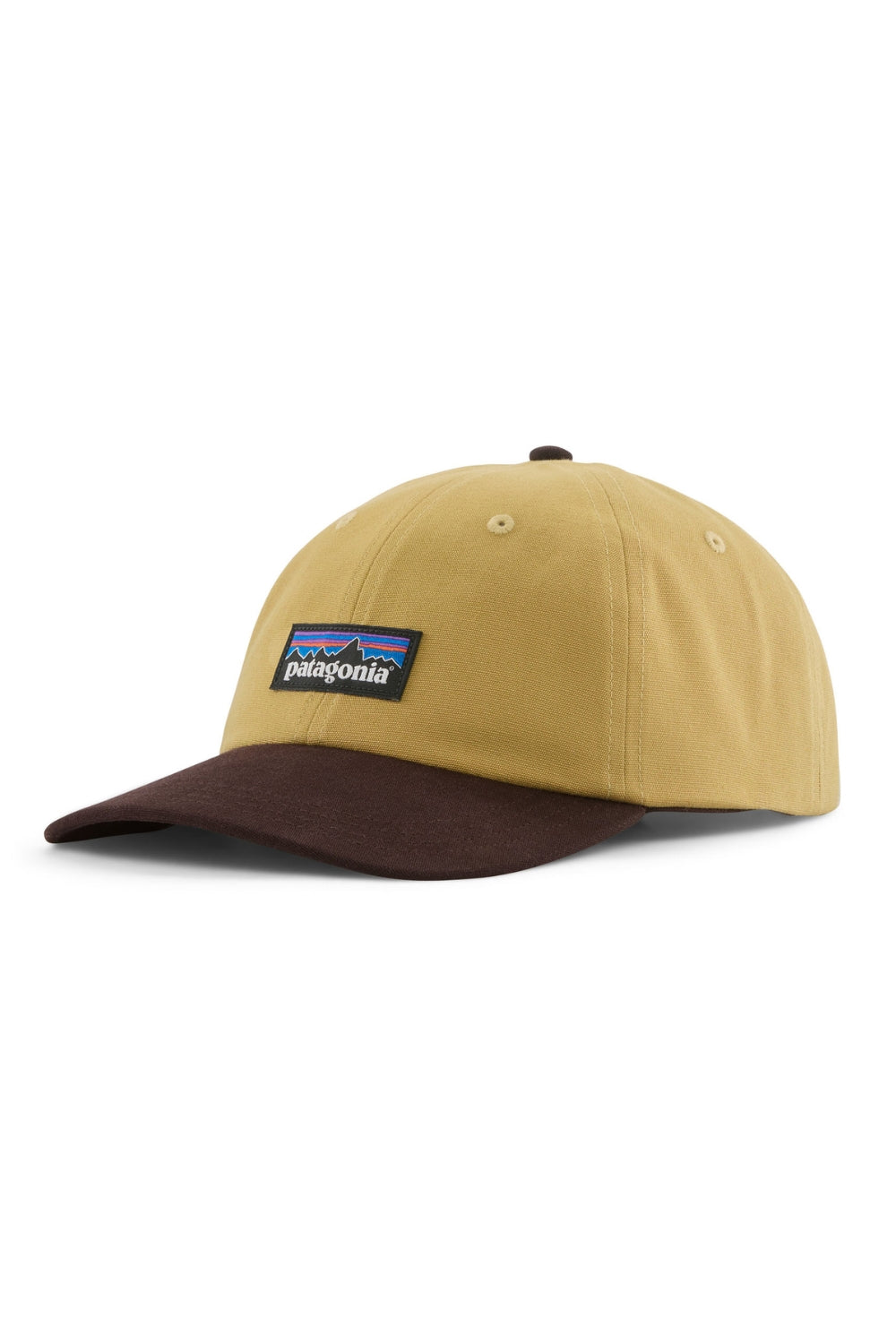 A Patagonia baseball cap in mustard yellow and dark brown, featuring the brand's logo patch on the front, set against a plain white background.