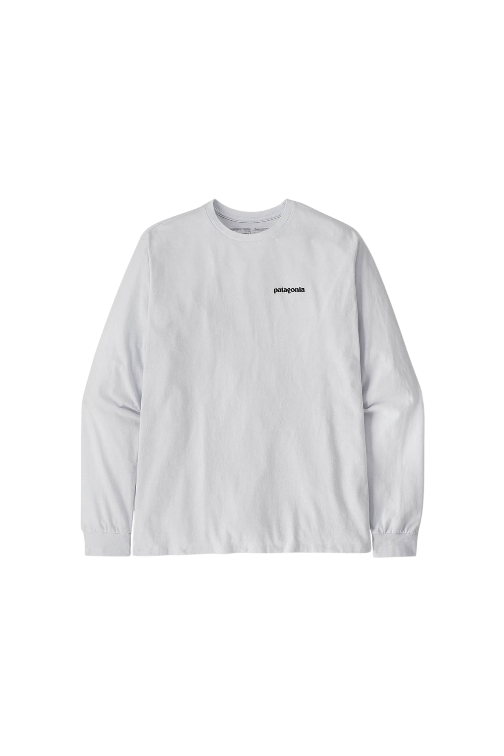 A white long-sleeve crewneck long sleeve t-shirt with a small black 'patagonia' logo on the left chest, displayed on a solid white background.
