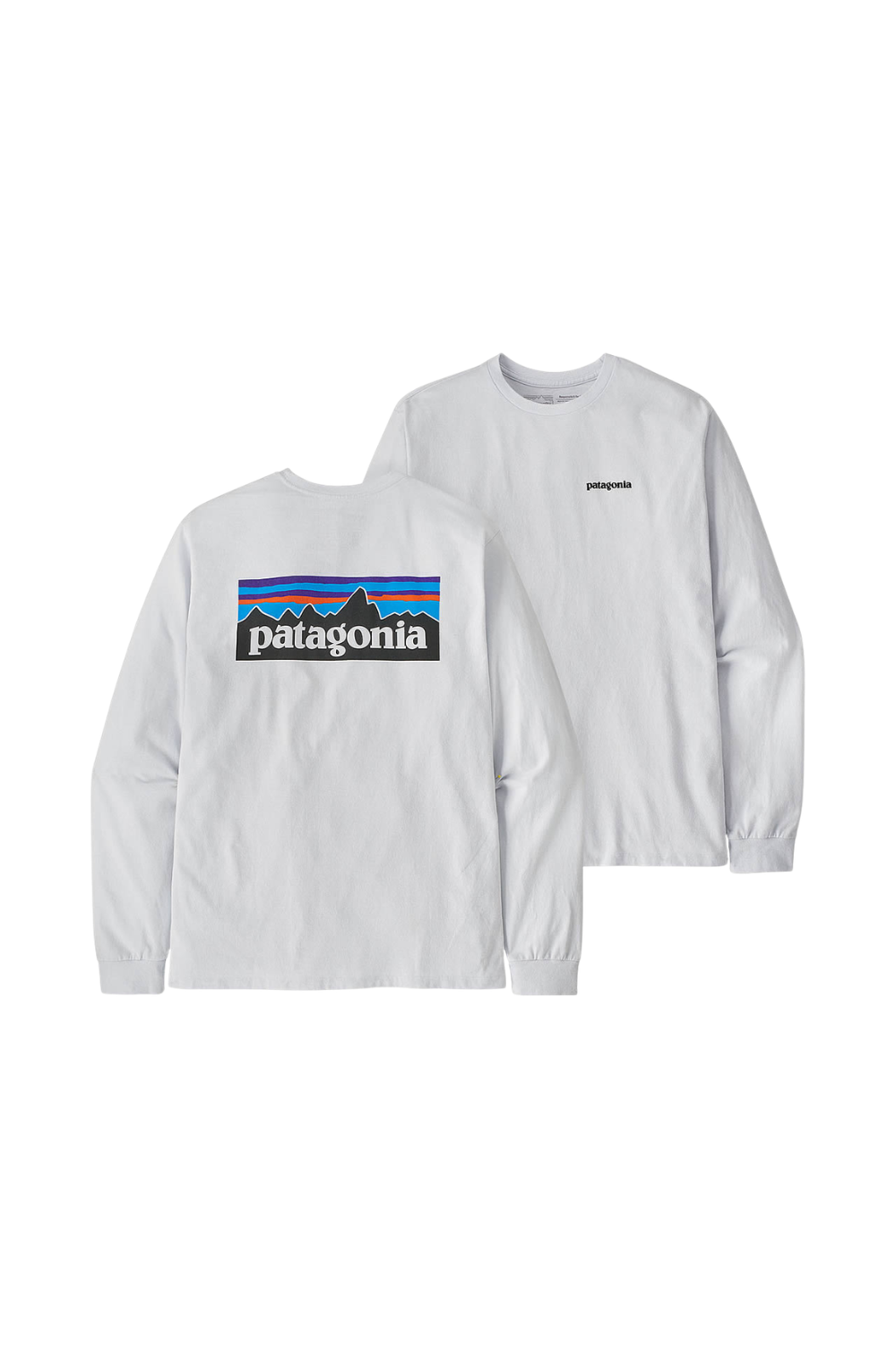 Two white Patagonia long-sleeve shirts shown on a plain white background, with the back view overlapping the front view. The back shirt features a large multicolour mountain logo and Patagonia wordmark across the chest, while the front shirt has a small matching logo on the left chest.