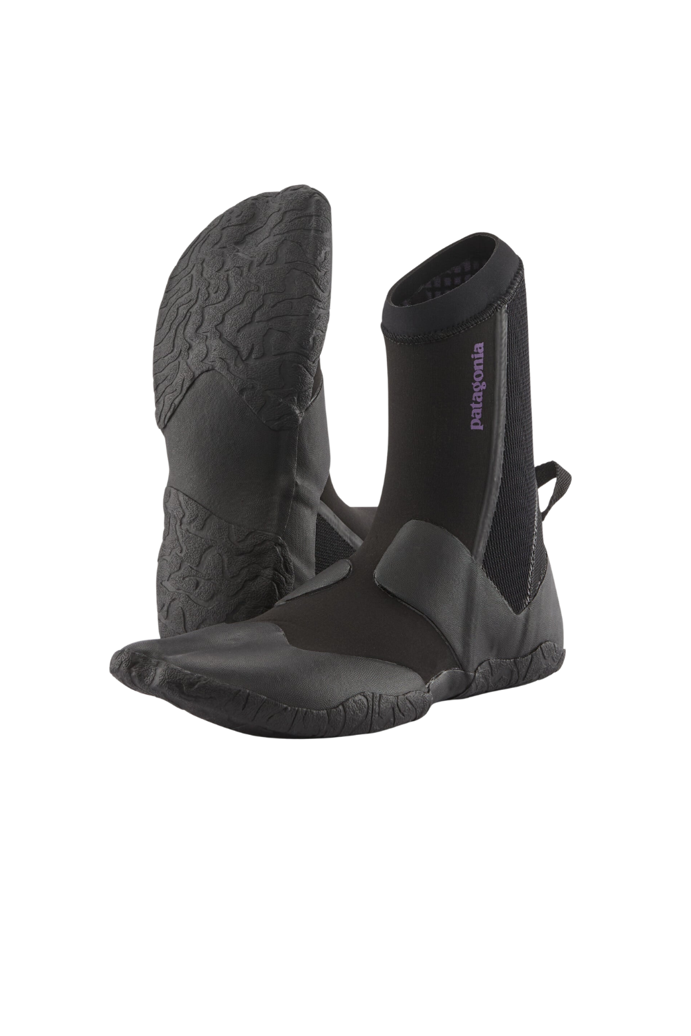 A pair of black Patagonia wetsuit boots shown against a plain white background, displaying both the textured outsole and the side profile with the Patagonia logo.