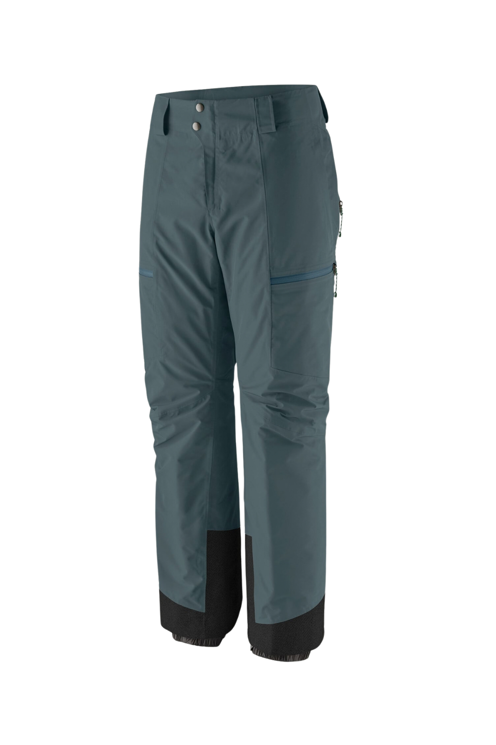 A pair of technical outdoor pants in a muted slate blue-gray color, featuring black reinforced knee panels and black lower leg cuffs, shown against a plain white background.