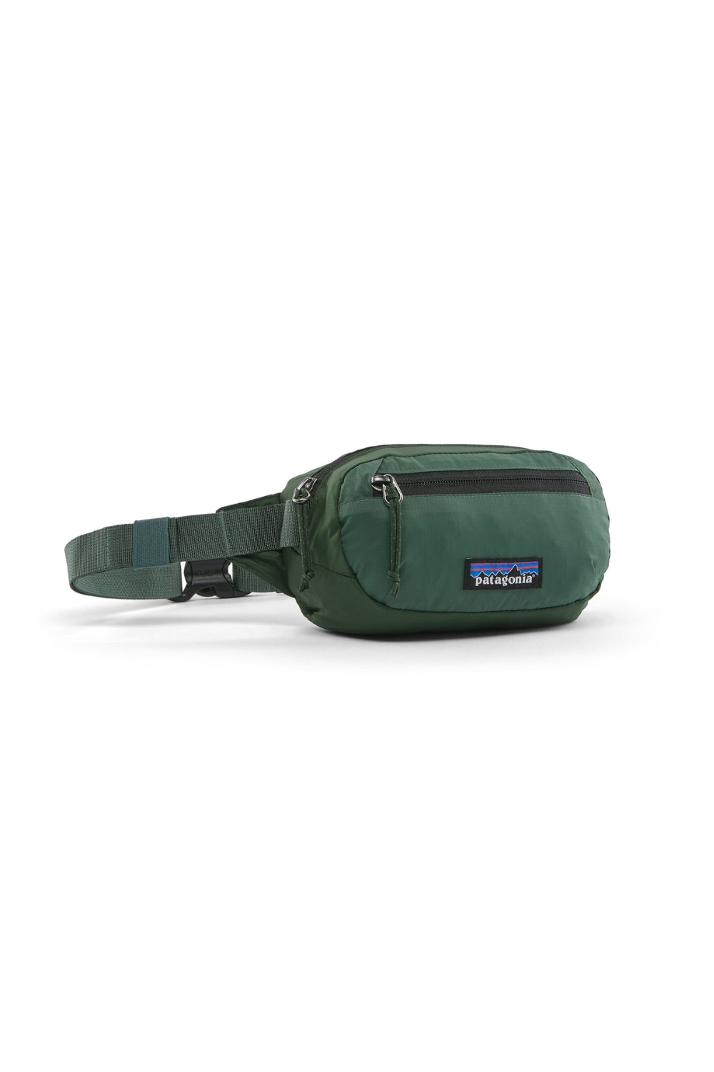Dark Greenk waist bag with Patagonia logo on a white background