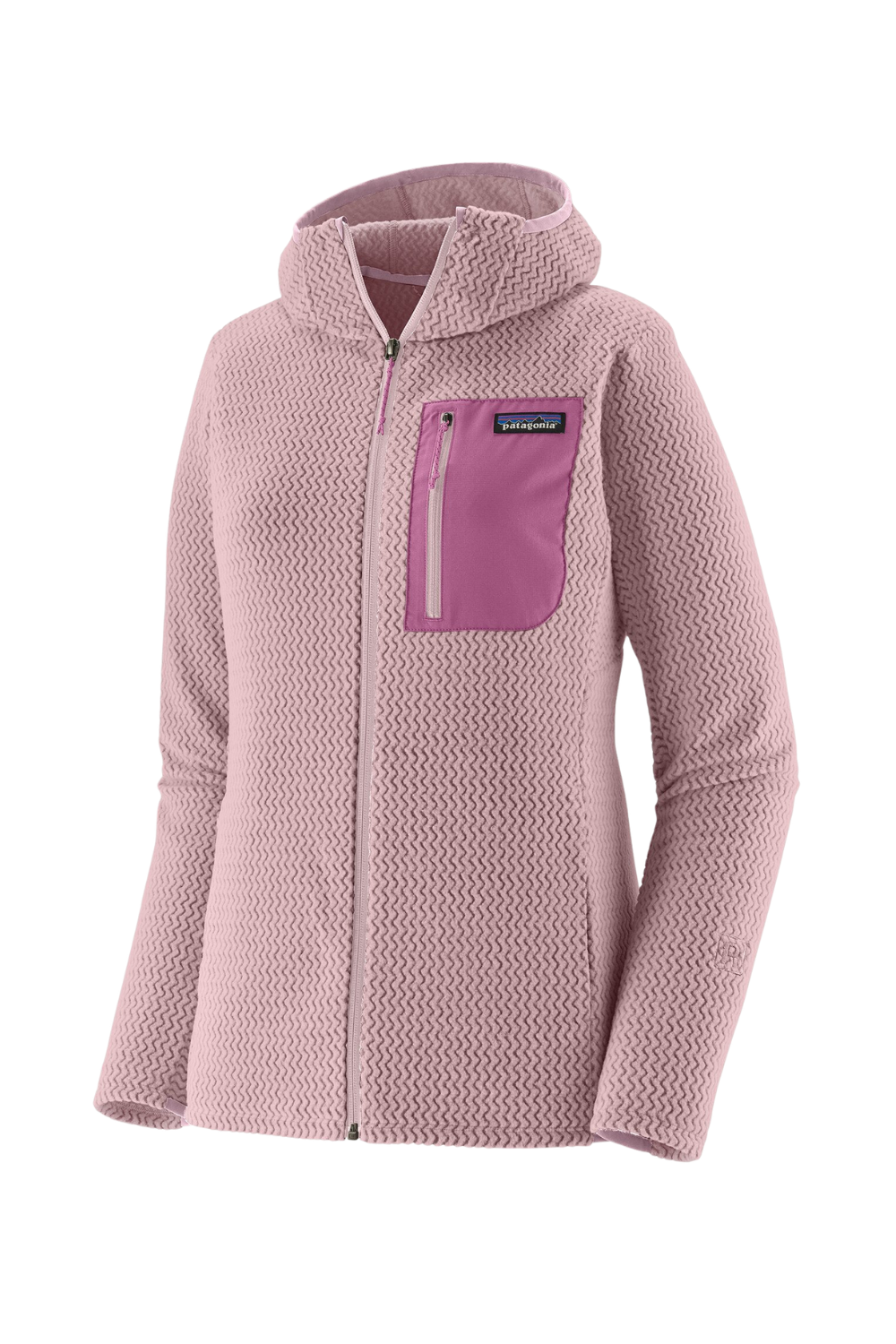 Pink fleece jacket with a pocket on a white background