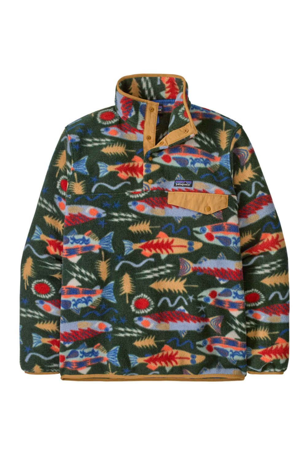 Patagonia Mens Light Weight Synch Snap-T Pullover Salmon Energy Old Growth Green