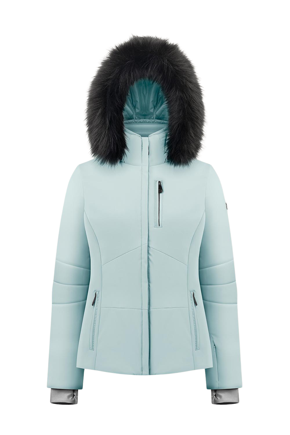 Light blue winter coat with black fur hood on a white background